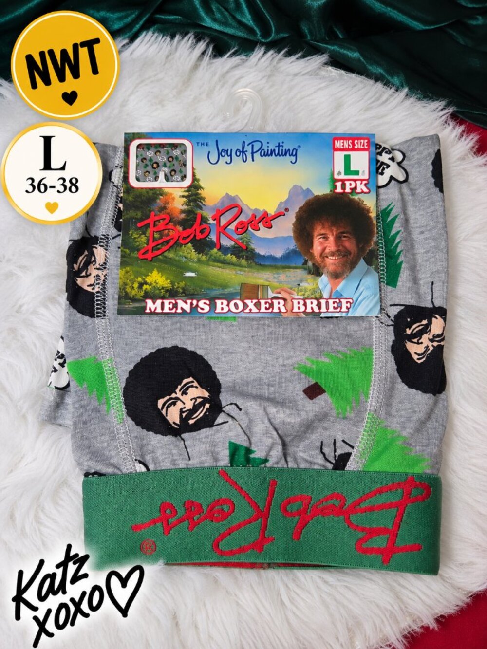 Bob Ross Happy Little Trees Men's Boxer Briefs L 36-38 Gray Green NWT Novelty